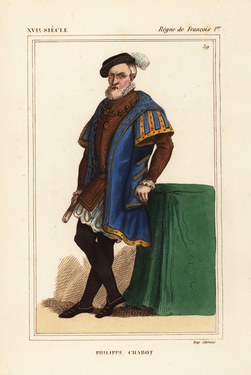 Philippe Chabot, lord z Brion, hrabě z Charny, admirál de Brion, francouzský admirál, d. 1543. Ručně kolorovaná litografie podle portrétu v portfoliích Rogera de Gaignièrese z Le Bibliophile Jacoba aka Paula Lacroix