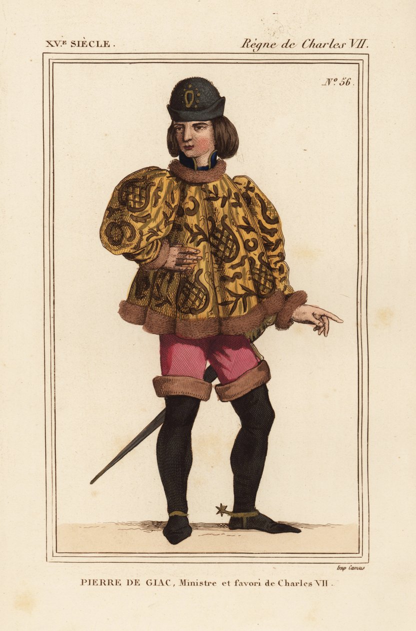 Pierre de Giac, komorník krále Karla VII. v letech 1377-1426. Popraven utopením v Dun-Le-Roi. Nosí krátkou sutanu s mahoitrovými rukávy, růžové pantalony a boty s ostruhami. Ručně kolorovaná litografie podle miniatury v rukopise Histoire du od Leopold Massard