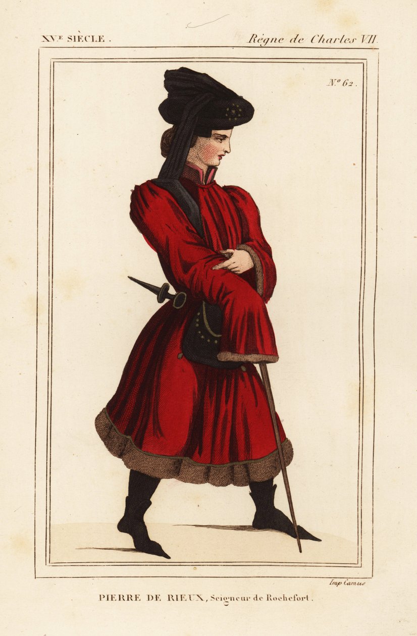 Pierre de Rieux, pán z Rochefortu 1389-1439. Ručně kolorovaná litografie podle portrétu v portfoliu Rogera de Gaignieres VI 136 z knihy Le Bibliophile Jacob aka Paul Lacroix