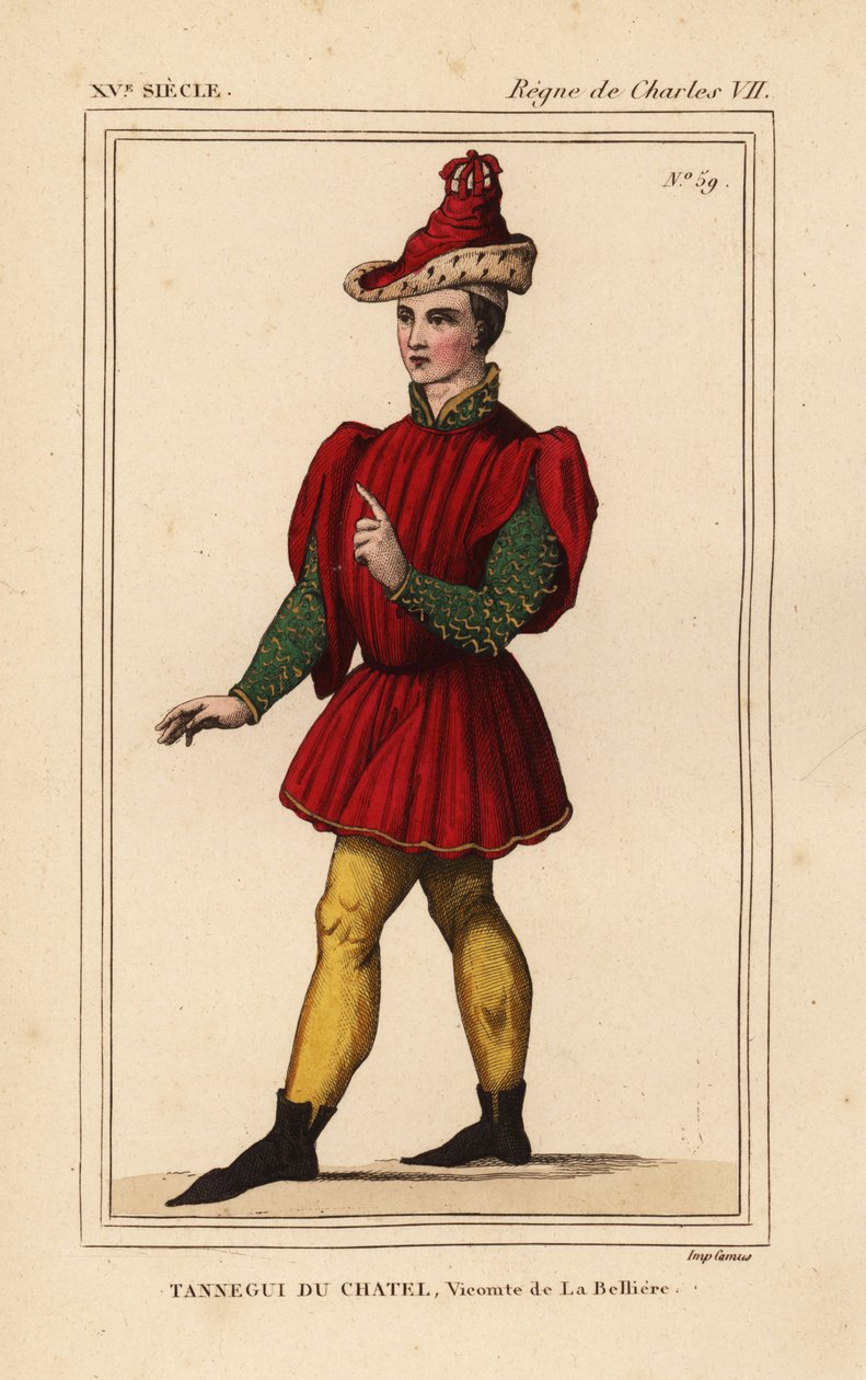 Tanneguy IV du Chatel, vikomt de la Belliere, velmistr hotelu Františka II., vévoda z Bretaně, d. 1477. Ručně kolorovaná litografie podle postavy na tapisérii zobrazující Ester a Mordecai v portfoliu Rogera de Gaignières VI 132 z Le Bibliophile od Leopold Massard