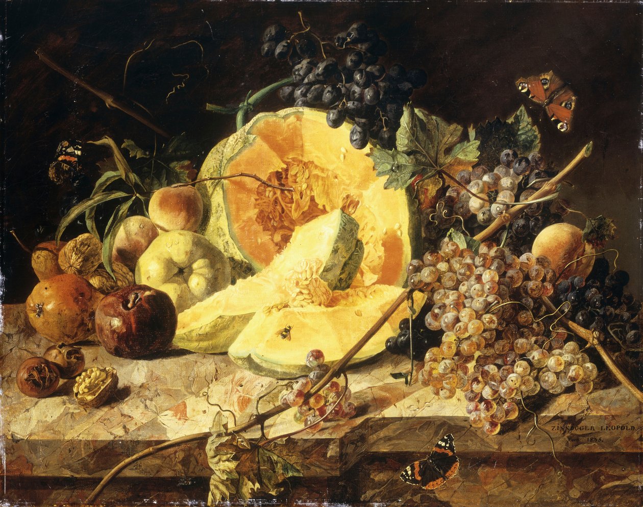 Zátiší s ovocem, ořechy a hmyzem, 1835 od Leopold Zinnogger