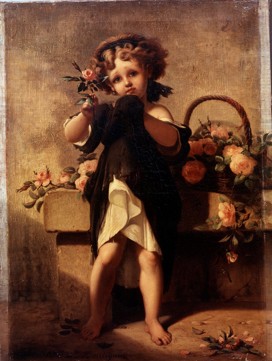 Celovečerní portrét holčičky s růží Malba Leopolda Moulignona (1821-1897) 19. století. od Leopold de Moulignon