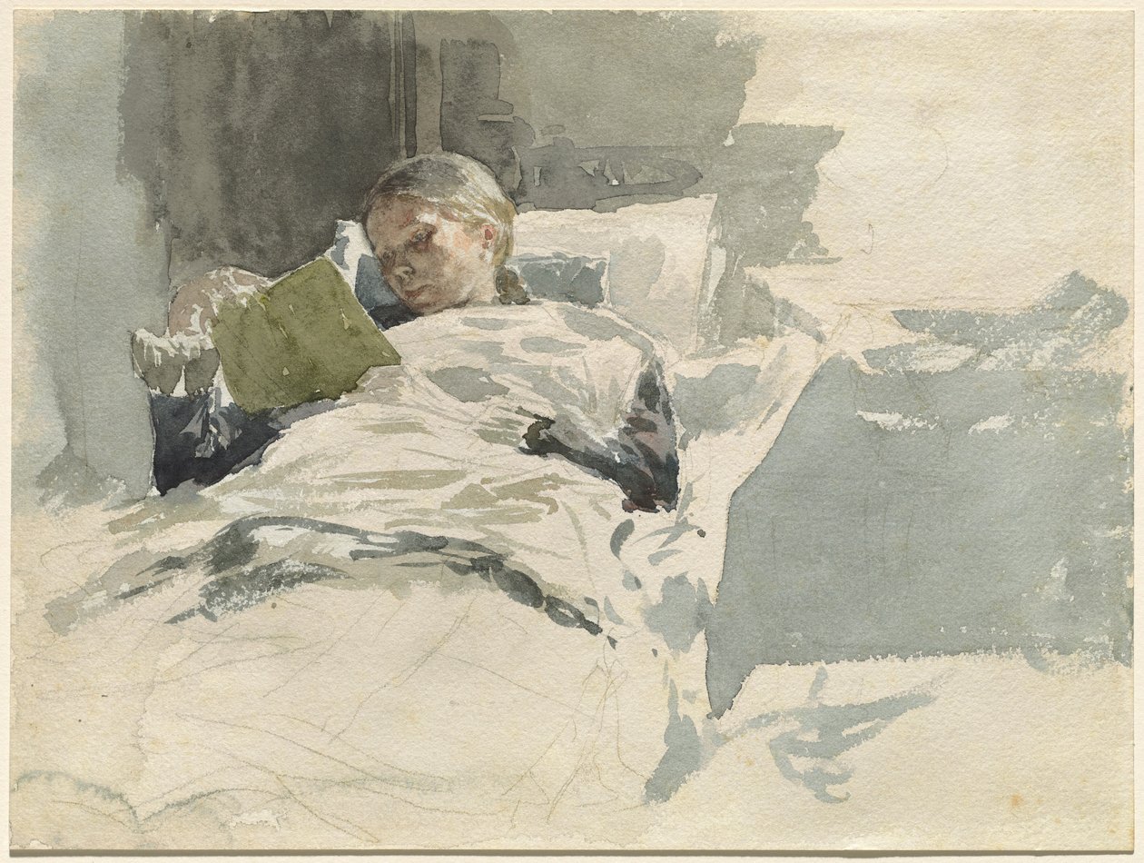 Umělcova žena čte v posteli od Leopold von Kalckreuth