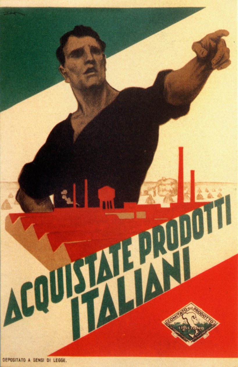 Fašismus: propagandistický plakát pro autoarchii v Itálii ""Kupte italské výrobky"" od Leopoldo Metlicovitz