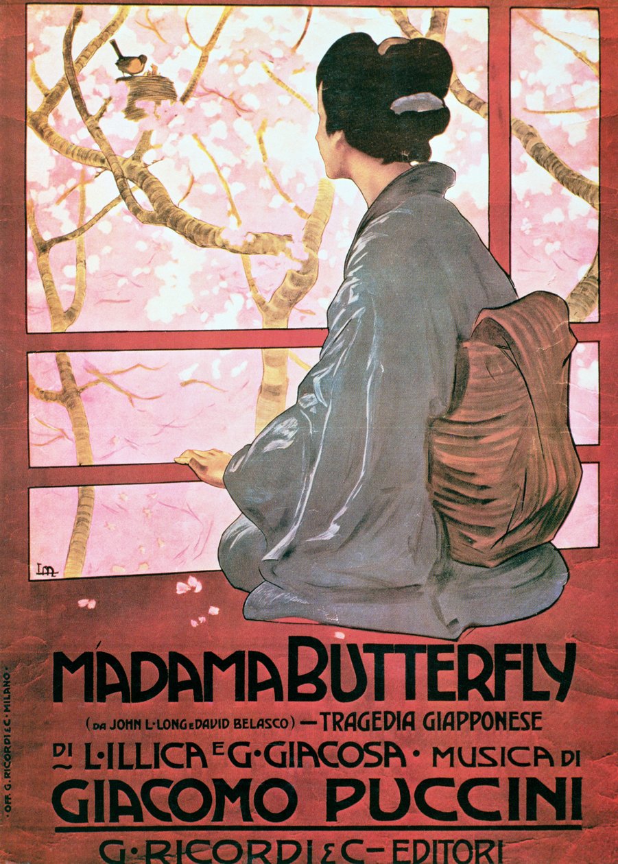 Frontispis notového zápisu k "Madame Butterfly" od Giacoma Pucciniho (1858-1924) (barevná litografie) (viz také 56537) od Leopoldo Metlicovitz