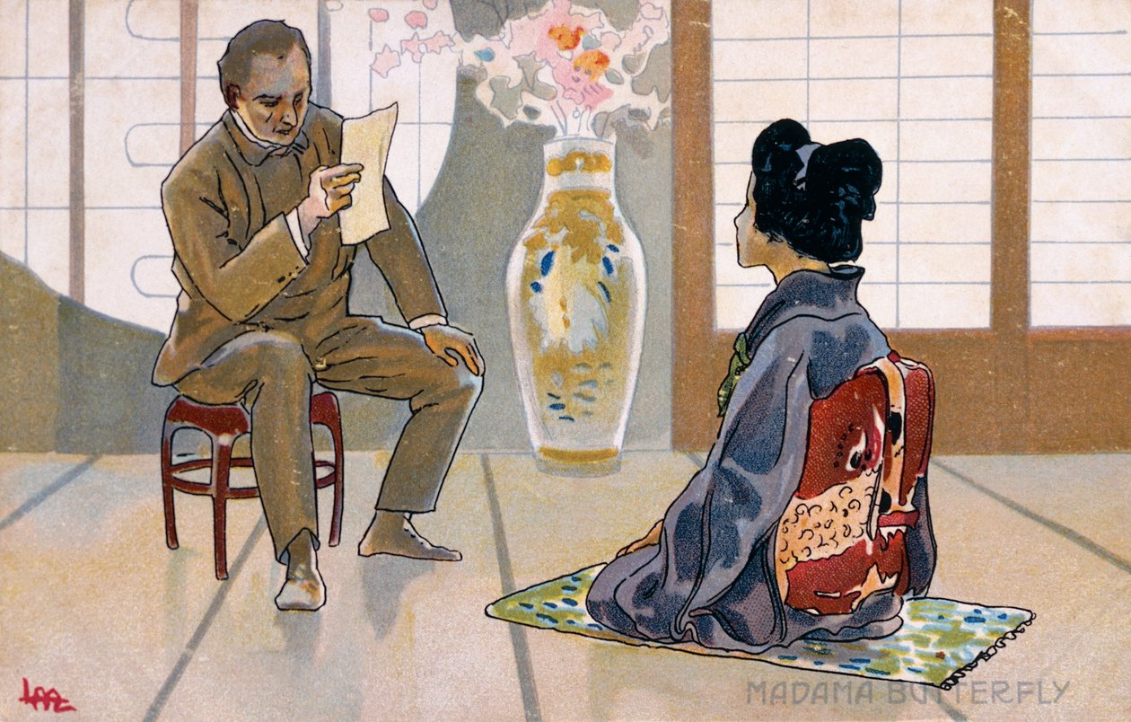 Pohlednice vytvořená pro premiéru "Madame Butterfly" v Brescii od Leopoldo Metlicovitz