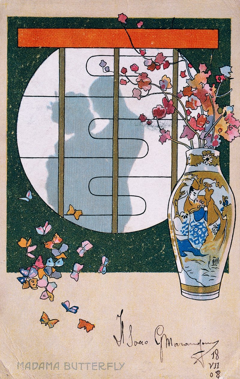 Pohlednice vytvořená pro premiéru "Madame Butterfly" v Brescii od Leopoldo Metlicovitz