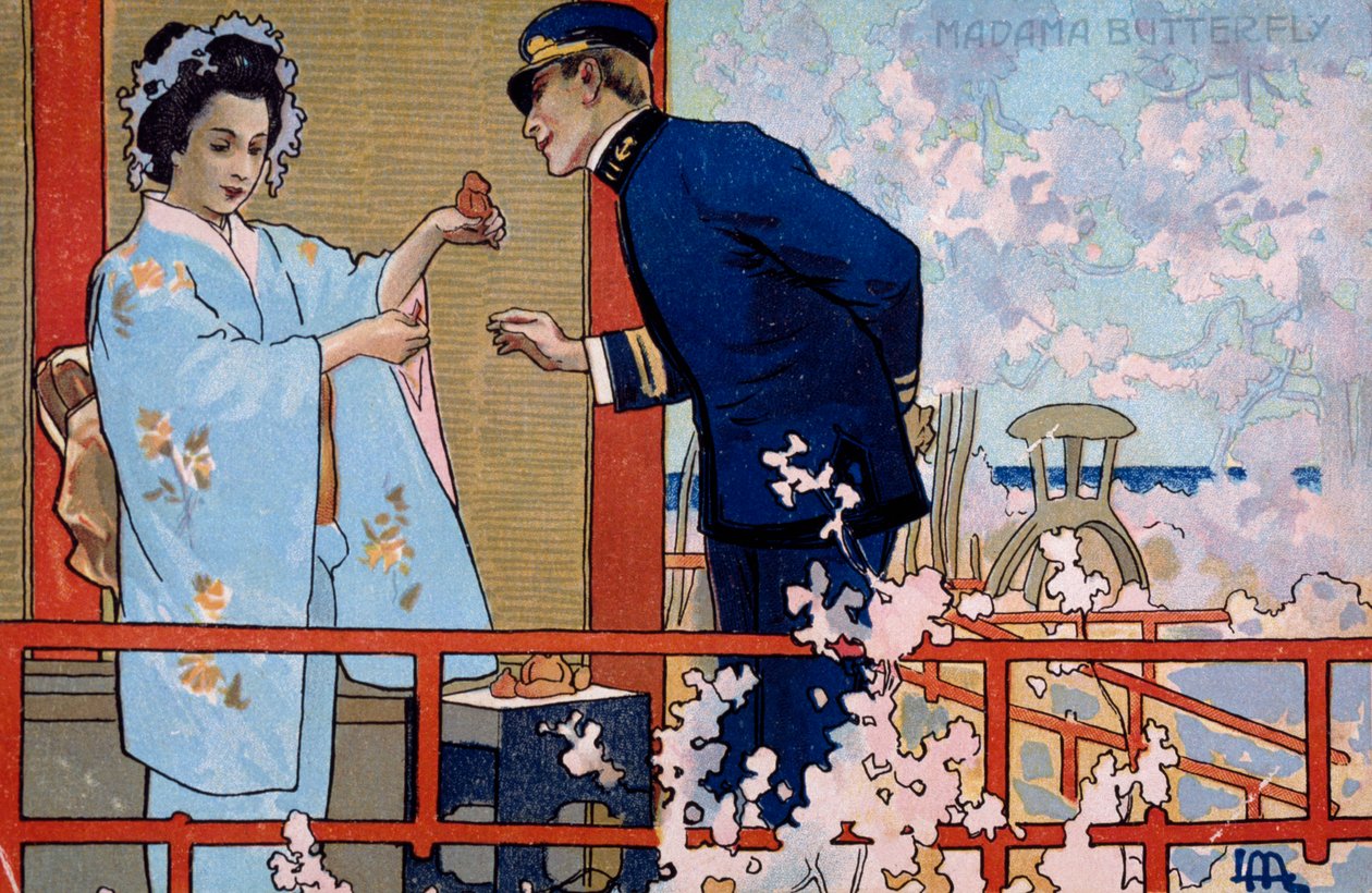 Pohlednice vytvořená pro premiéru "Madame Butterfly" v Brescii od Leopoldo Metlicovitz