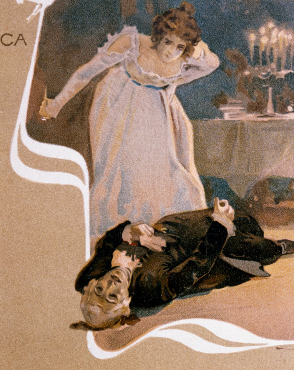 Pohlednice ilustrovaná Leopoldem Metlicovitzem (1868-1944) zobrazující scény z opery Tosca od Giacoma Pucciniho (1858-1924) od Leopoldo Metlicovitz