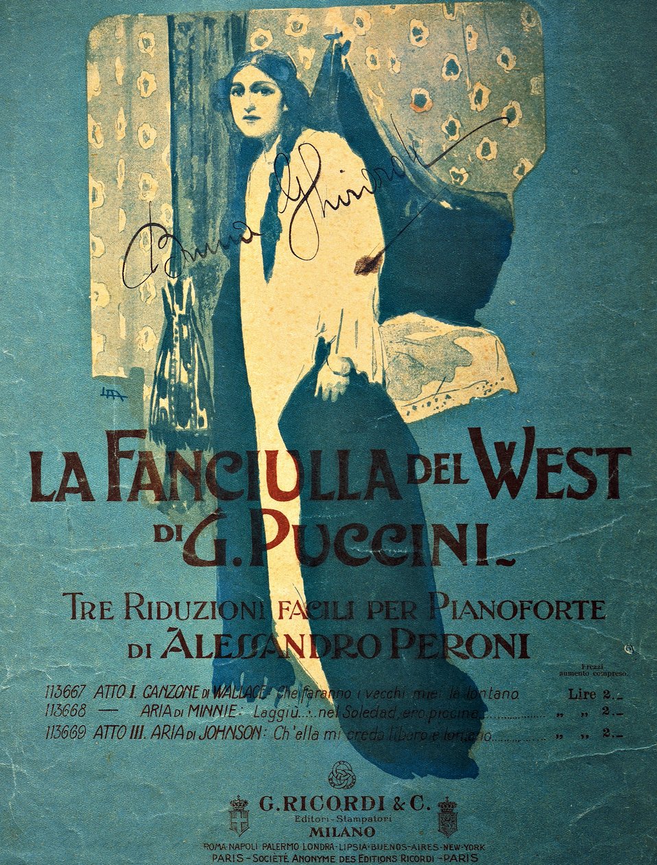 Titulní strana Leopolda Metlicovitze (1868-1944) klavírní redukce Alessandra Peroniho k opeře La fanciulla del West (Dívka zlatého západu), od Giacoma Pucciniho (1858-1924) od Leopoldo Metlicovitz