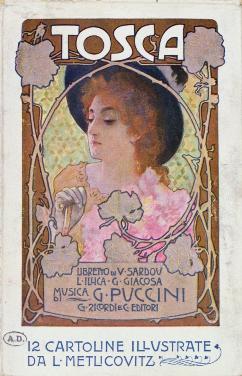 Titulní strana partitury k opeře Tosca od Pucciniho, kolem roku 1910 (barevné lito) od Leopoldo Metlicovitz