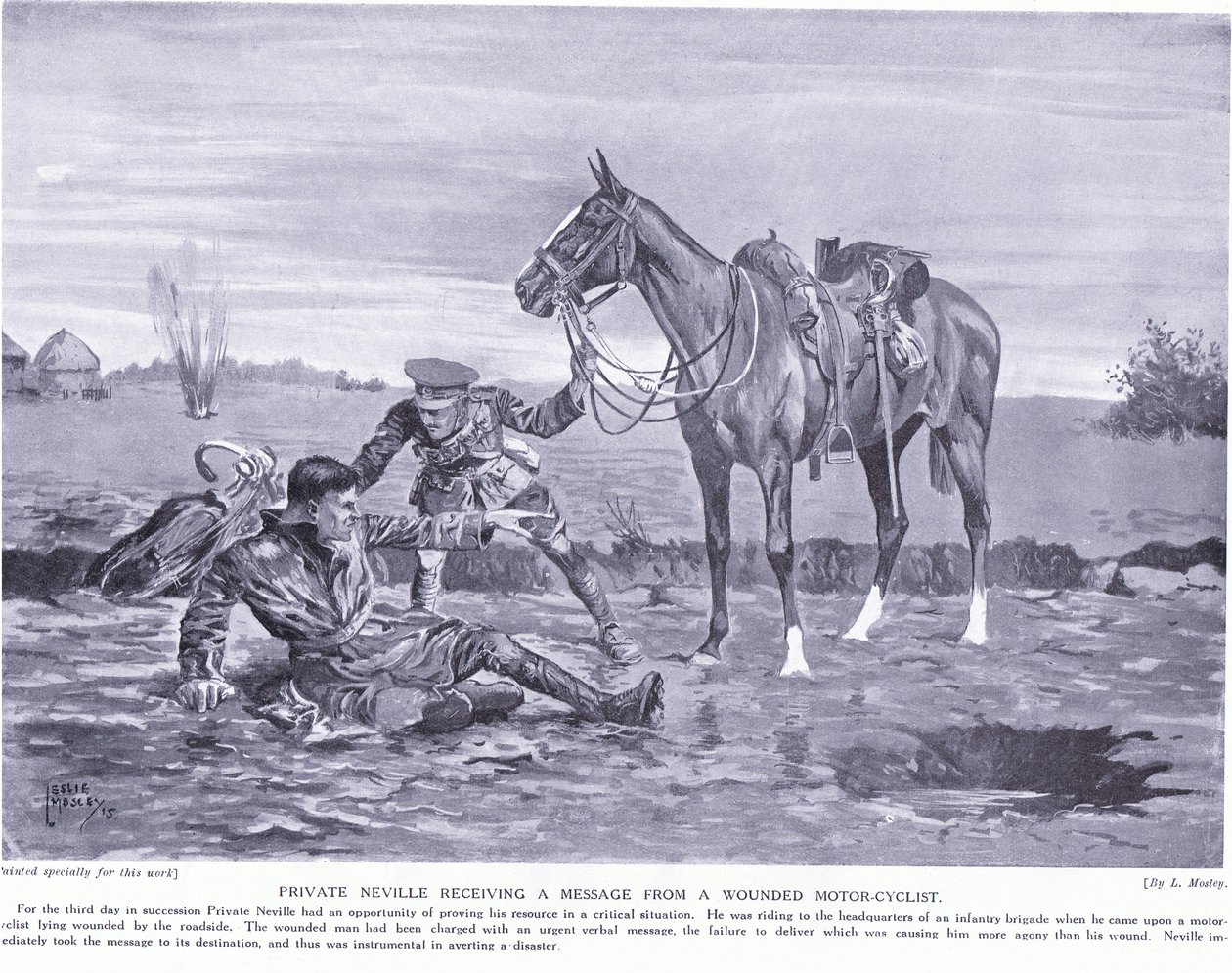 Vojín Neville přijímá zprávu od zraněného cyklisty Ypres říjen 1914 od Leslie Mosley