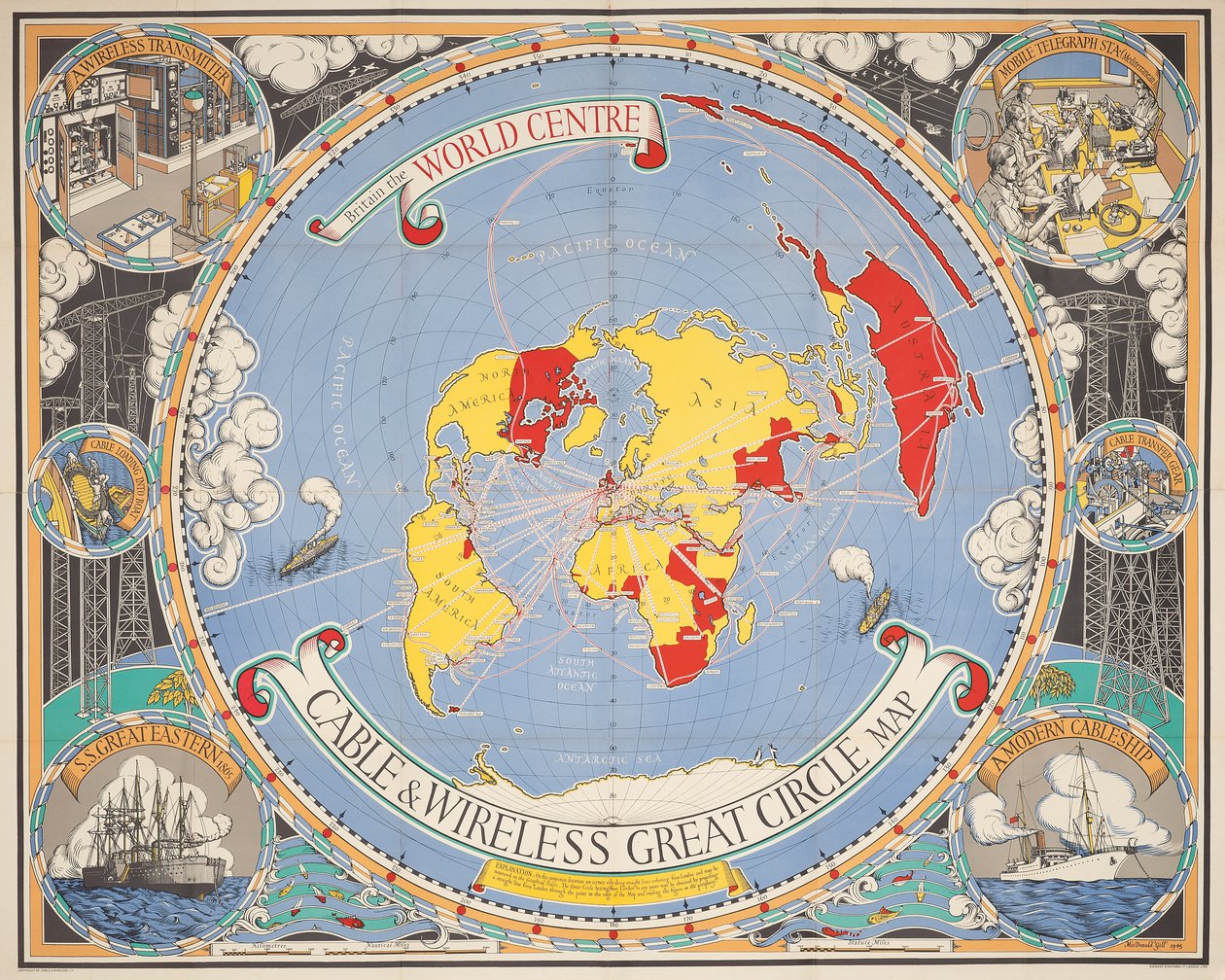 Kabelová a bezdrátová mapa velkého okruhu od Leslie MacDonald Gill