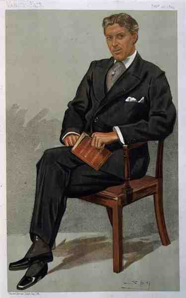 "Aubrey Tanqueray", "Spy" karikatura postavy ze hry "Druhá paní Tanqueray" od Arthura Pinera, z Vanity Fair, 22. února 1894 (barevné lito) od Leslie Matthew Ward
