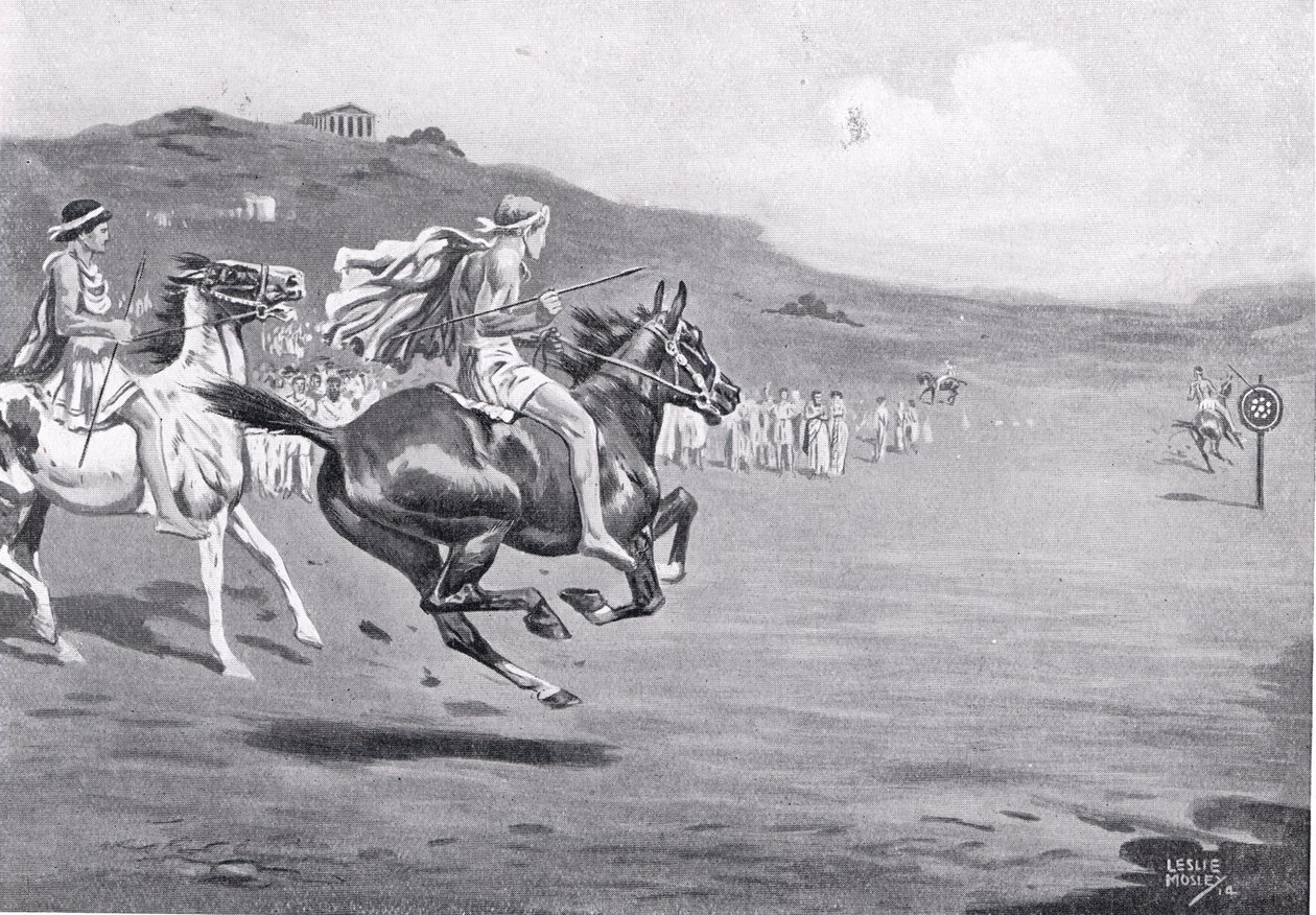 Řečtí jezdci házející oštěpem, ilustrace z „Hutchinsonových dějin národů“, 1915 od Leslie Mosley