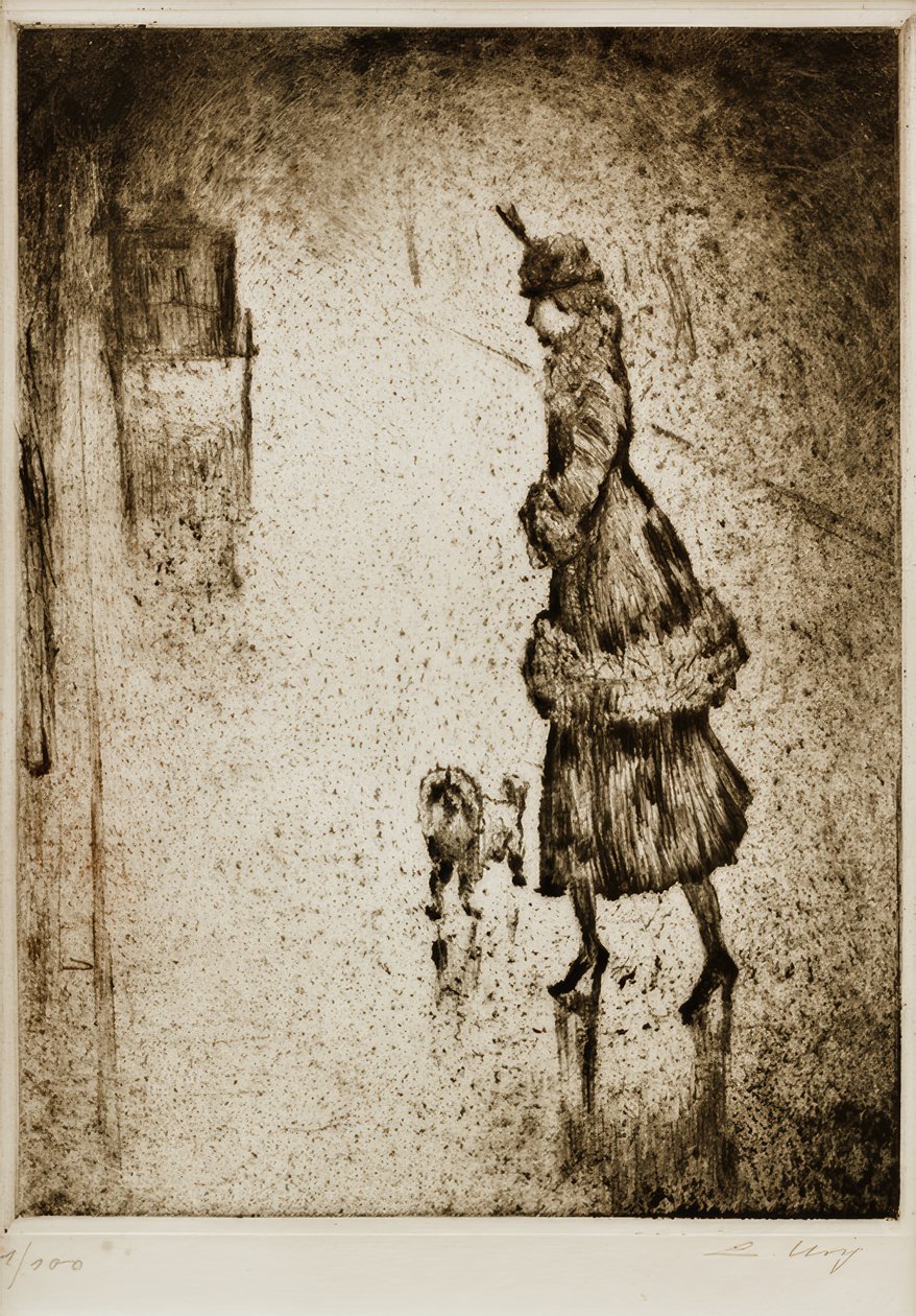 Dáma s pudlem na mokré ulici (taxík vlevo) od Lesser Ury