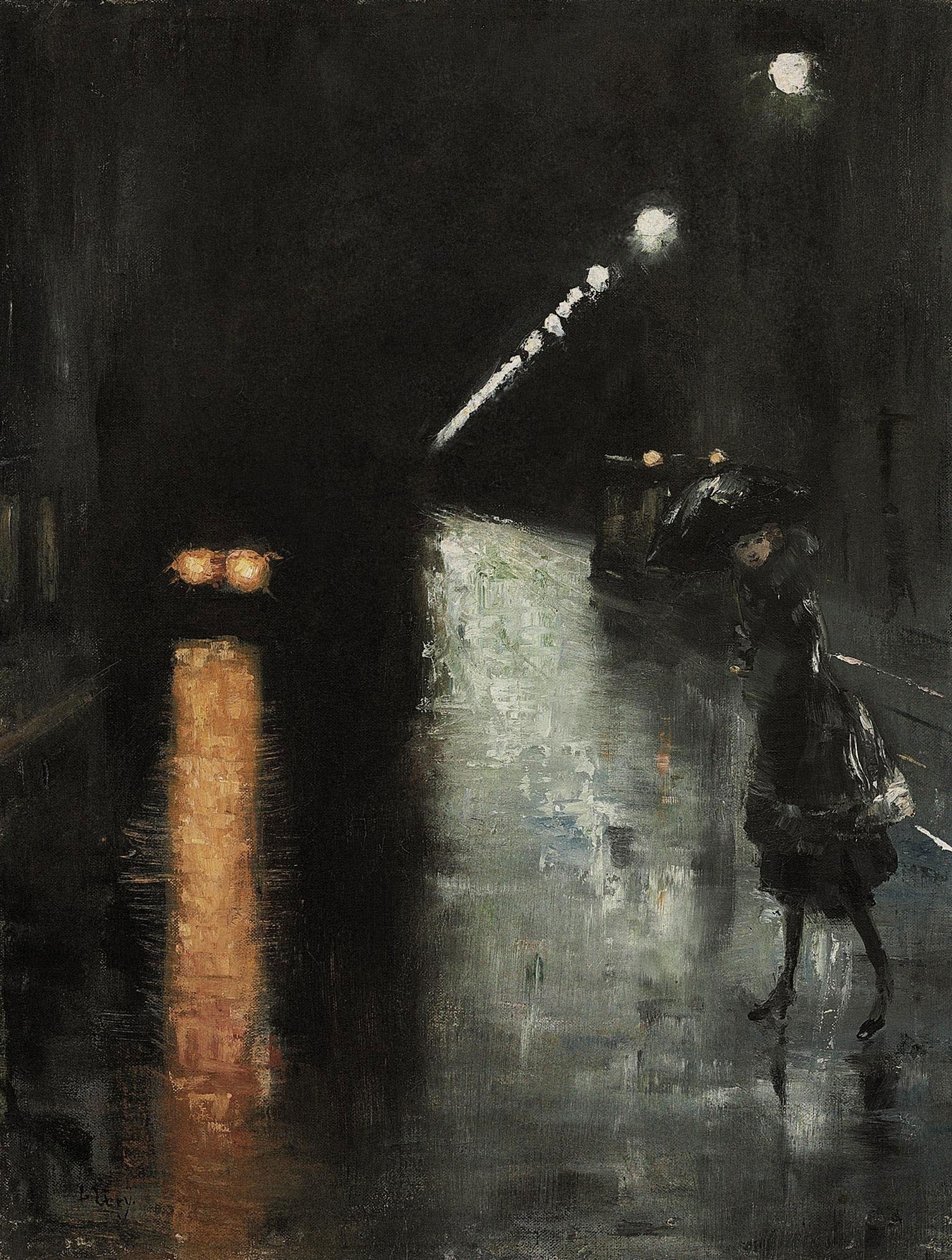 Noční pouliční scéna, Berlin Leipziger Strasse? od Lesser Ury