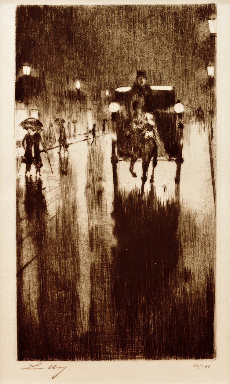 Kočár tažený koňmi v dešti od Lesser Ury