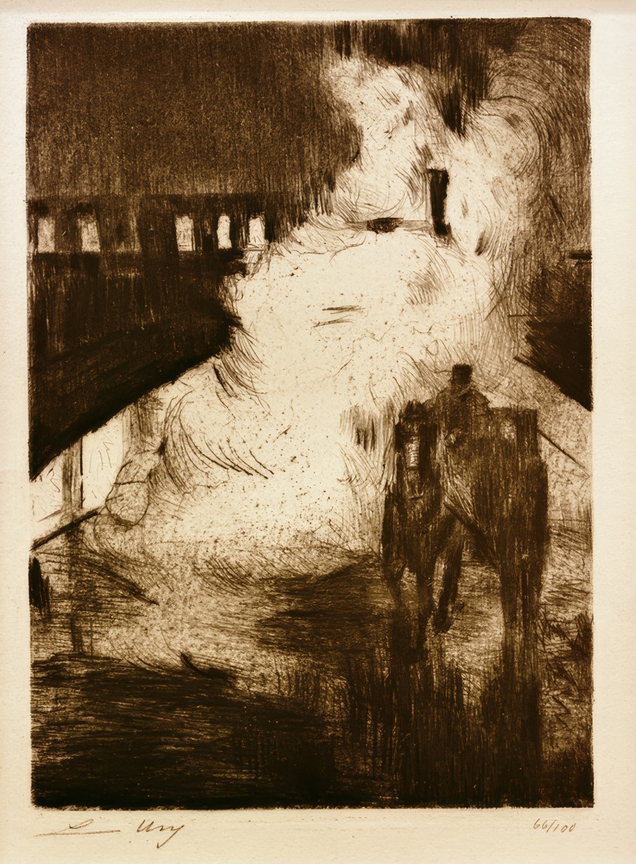 L.Ury, noční dojmy (s kabinou před parní lokomotivou) od Lesser Ury