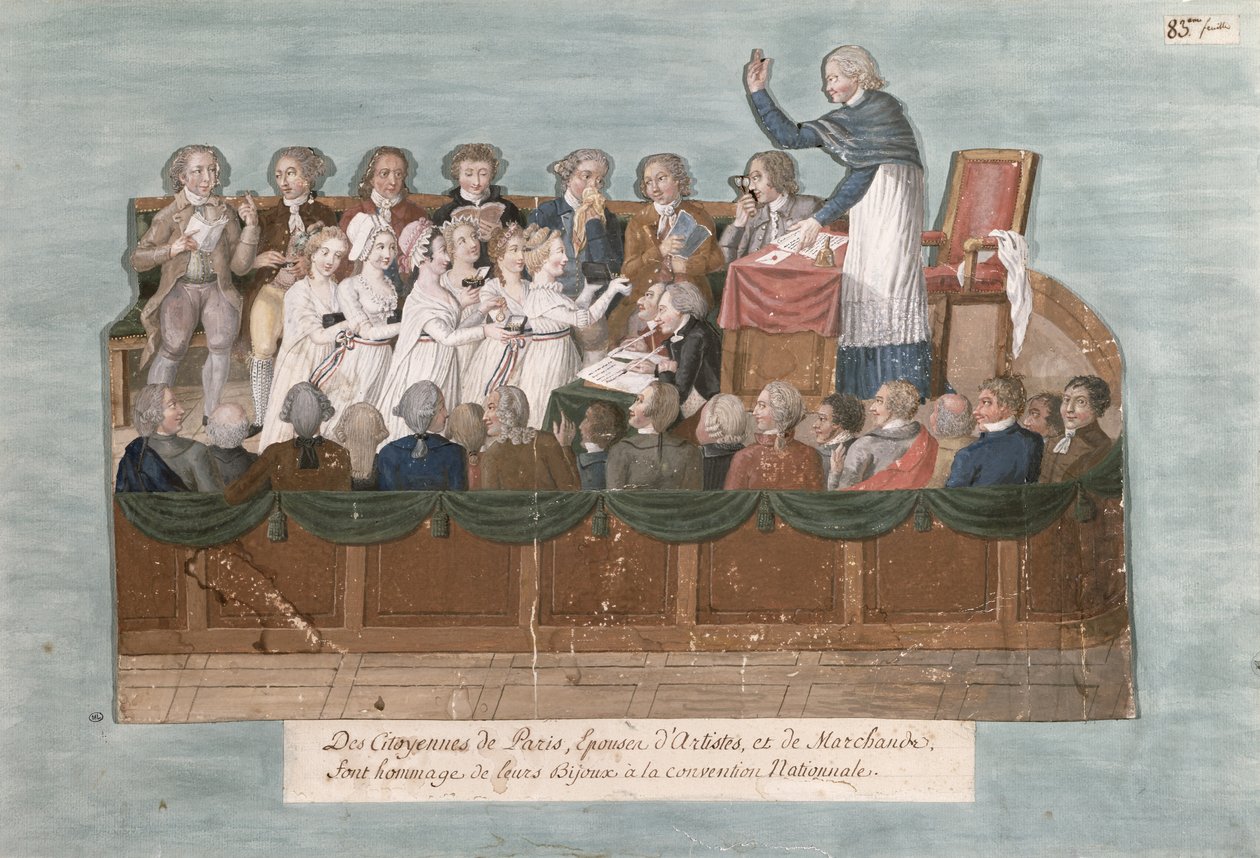 Pařížané nabízejí své šperky Úmluvě, kolem roku 1792 (kvaš na kartě) od Lesueur Brothers