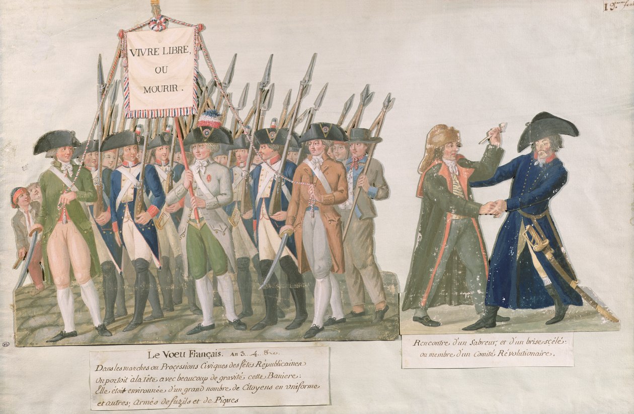Francouzský slib „Ať žije svoboda, nebo zemři“; setkání šermíře a člena revolučního výboru, cca 1789-92 (kvaš na kartě) od Lesueur Brothers