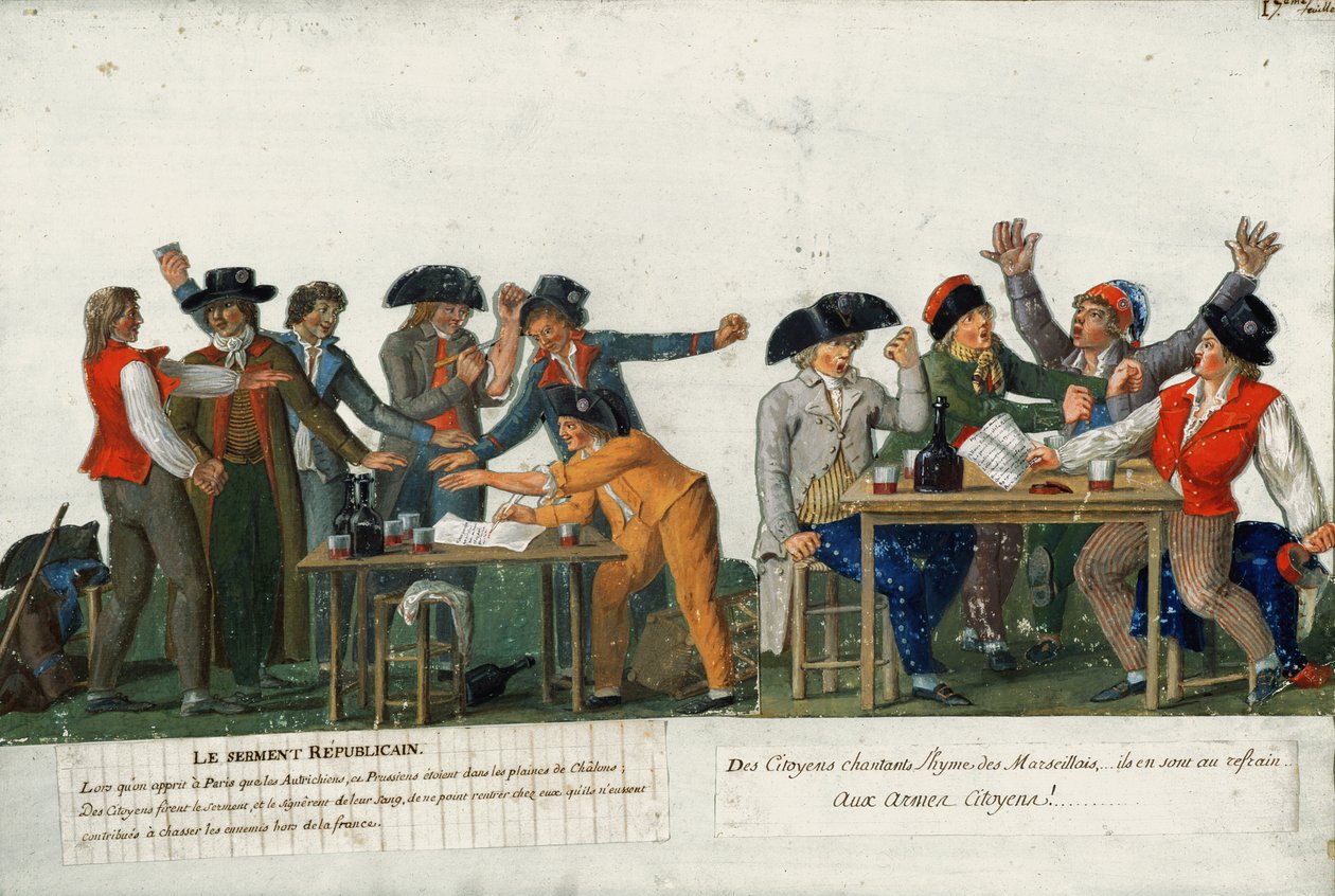 Republikánská přísaha je podepsána krví a zpívá se „The Marseillaise“, kolem roku 1792 od Lesueur Brothers