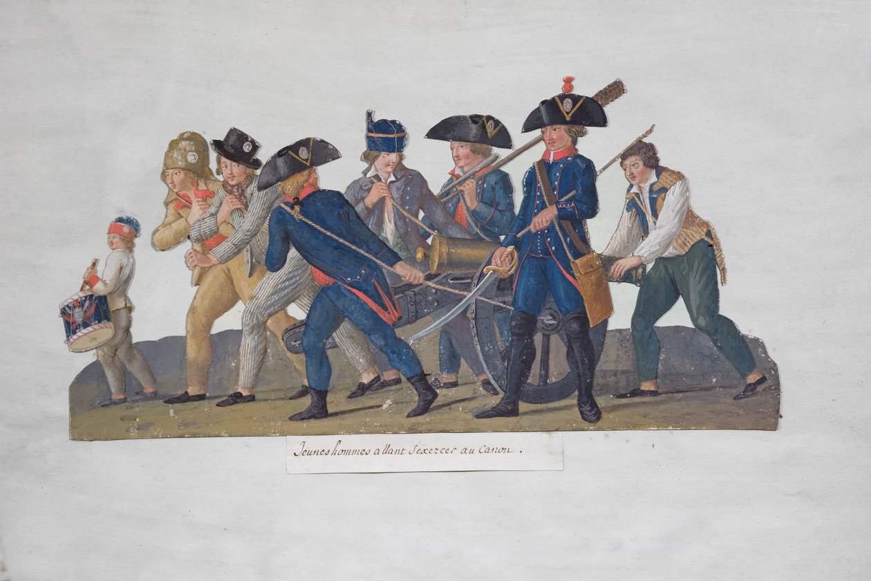 Mladí muži se vydali cvičit s použitím děla, kolem roku 1789 od Lesueur Brothers