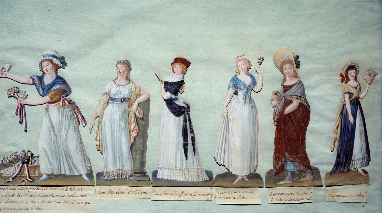 Různé mladé ženy představující ženskou módu během revoluce. Gouache des freres Lesueur (18. století) Paříž, Musee Carnavalet od Lesueur Brothers