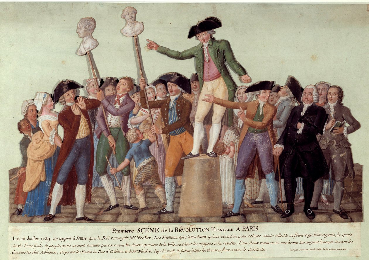 První scéna francouzské revoluce v Paříži: 12. 7. 1789, po králově propuštění Jacquese Neckera, Camille Desmoulinsová uspořádala dav v Palais Royal a vyzvala k povstání proti vládě. Busty Jacquese Neckera a Louise Phila od Lesueur Brothers