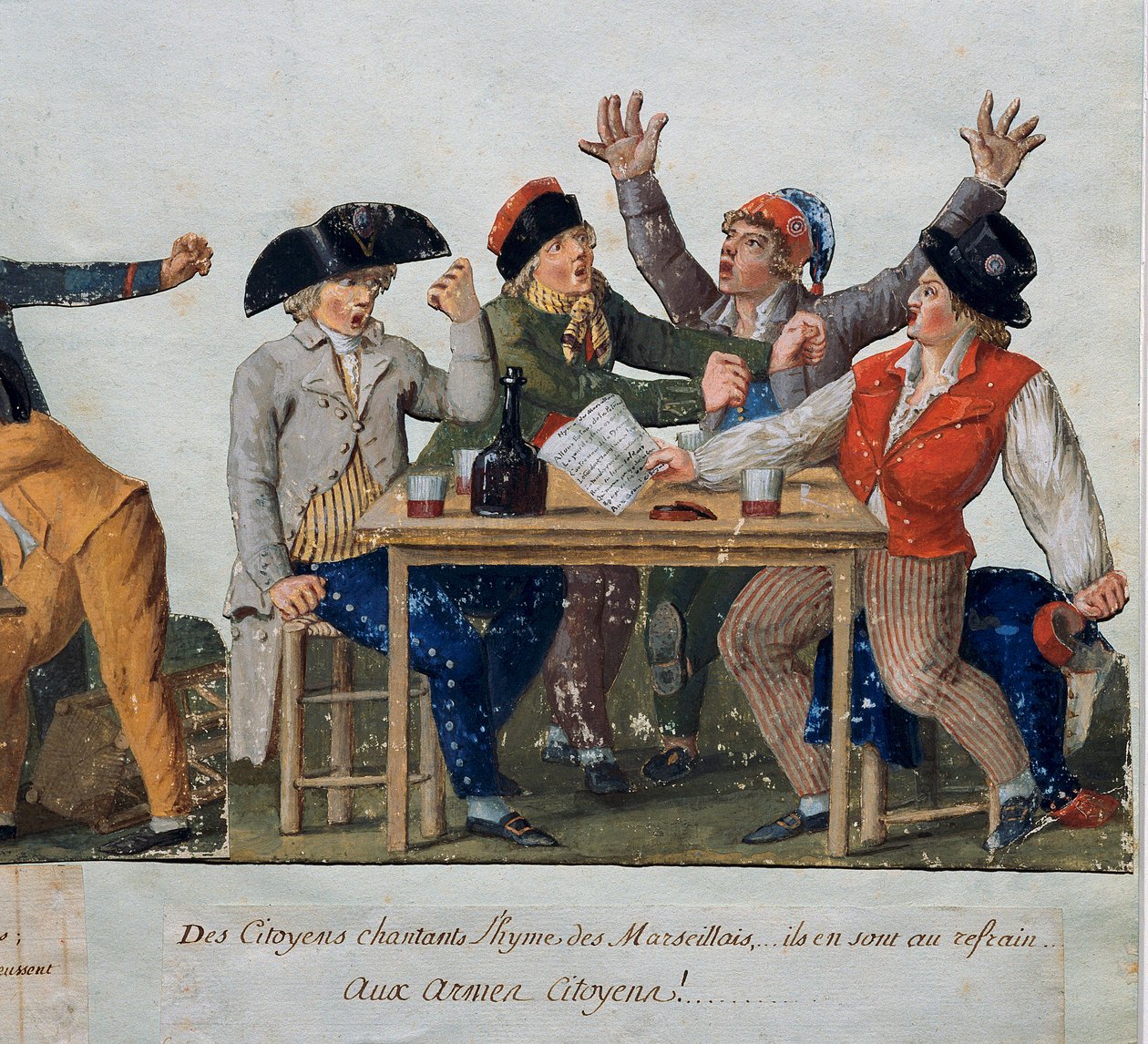 Francouzská revoluce: „“ Občané zpívají hymnu Marseille: se zbraněmi Občané...““ V hostinci bez kalhotek zpívá Marseillaise. Rytina bratří Lesueurů (18. století). Musee Carnavalet, Paříž od Lesueur Brothers