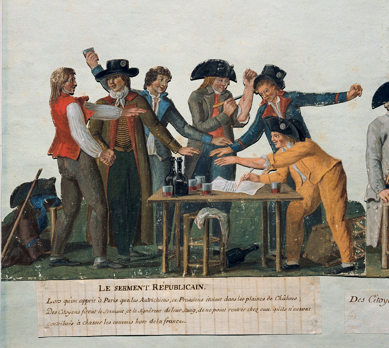 Francouzská revoluce: "" Republikánská přísaha: občané skládají svou krev, že se nevrátí domů, dokud nevyženou Rakušany a Prusy z Francie." Gouache des freres Lesueur (18. století). 18. století. Paříž. Muzeum karnevalu od Lesueur Brothers