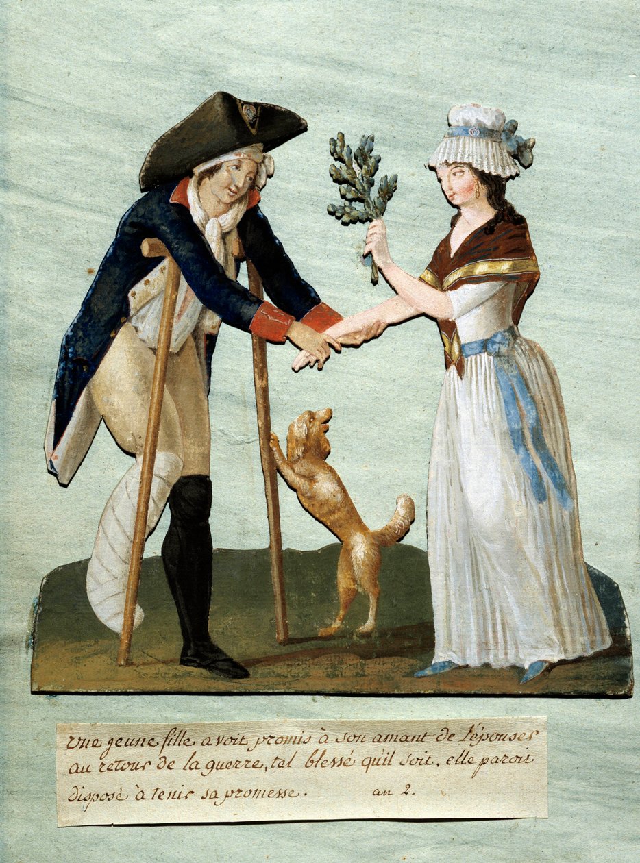 Francouzská revoluce: „“ mladá dívka najde své slíbené rány po válce a dodrží svůj slib, že si ji vezme““ Gouache des brothers Lesueur (18. století). Paris Musee Carnavalet od Lesueur Brothers