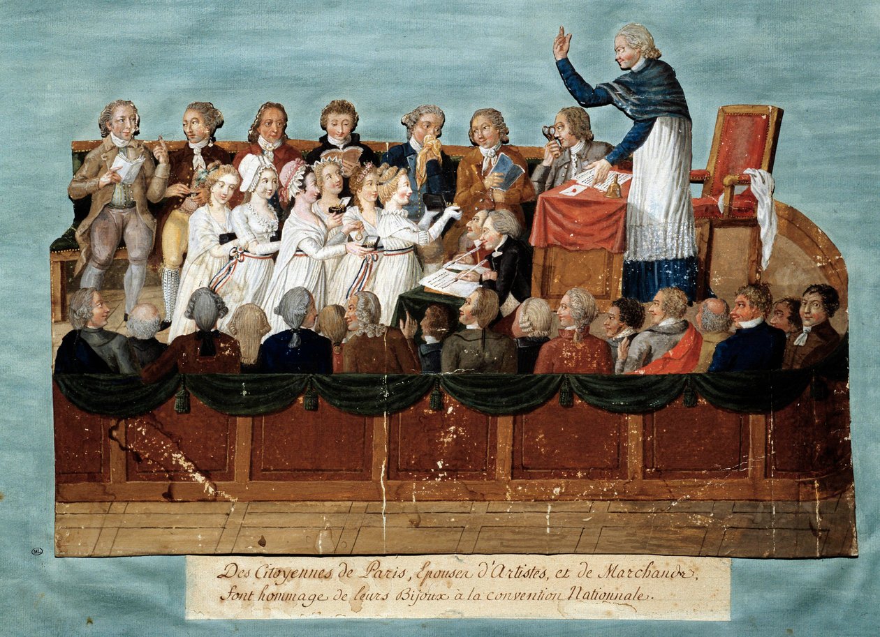 Francouzská revoluce: „“občané Paříže nabízející své šperky Národnímu shromáždění““ Illustration des Freres Lesueur (18. století). 1792-1795. Paříž, muzeum Carnavalet - Anglická revoluce - Občané Paříže darovali své šperky Nati od Lesueur Brothers