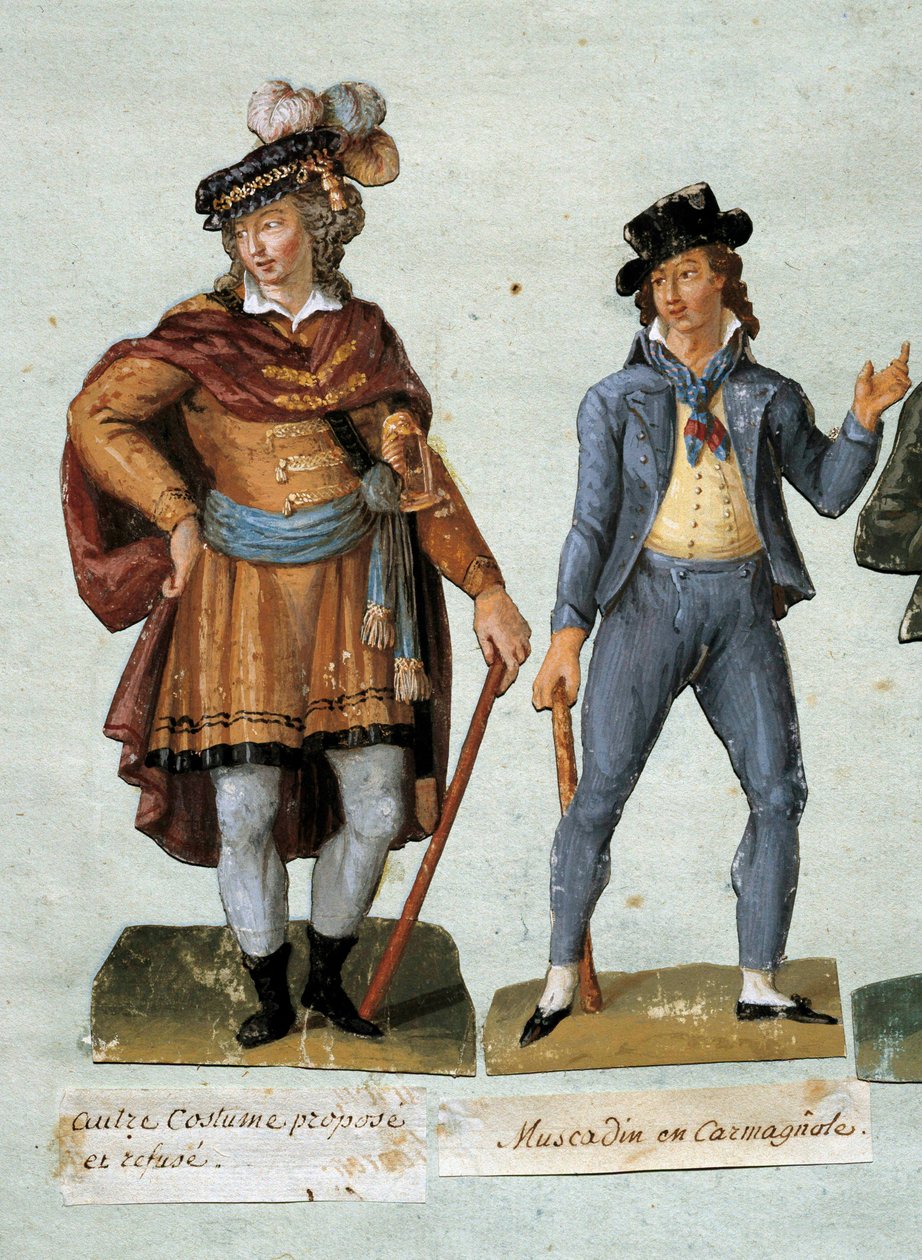 Francouzská revoluce: kostýmy fantazijních roajalistických dandies (muscadin) odmítá. Kvaš bratří Lesueurů (18. století) Muzeum Carnavalet od Lesueur Brothers