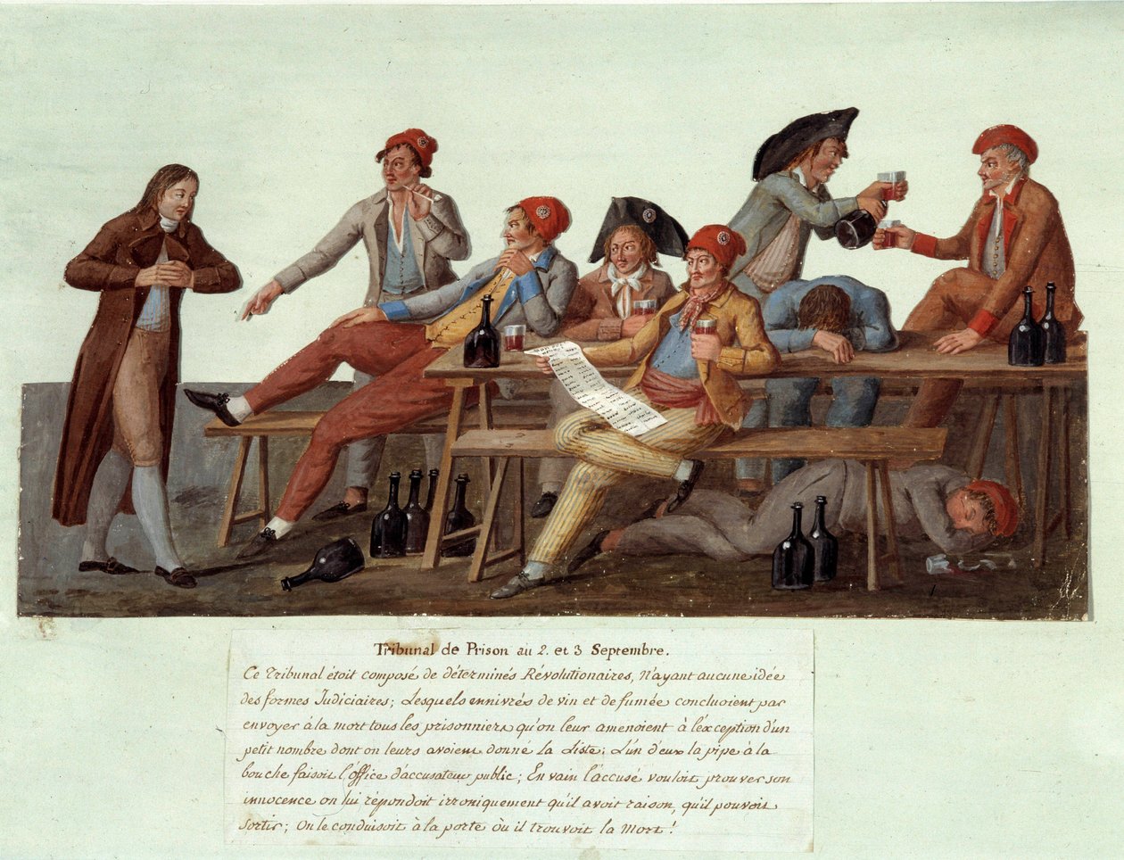 Francouzská revoluce z roku 1789: „“Vězeňský soud 2. a 3. září““ Satirická reprezentace revolučního soudu, členové nemají jurisdikci ve věcech spravedlnosti a soudí případy pitím vína a kouřením. Gouache des freres Lesueur od Lesueur Brothers