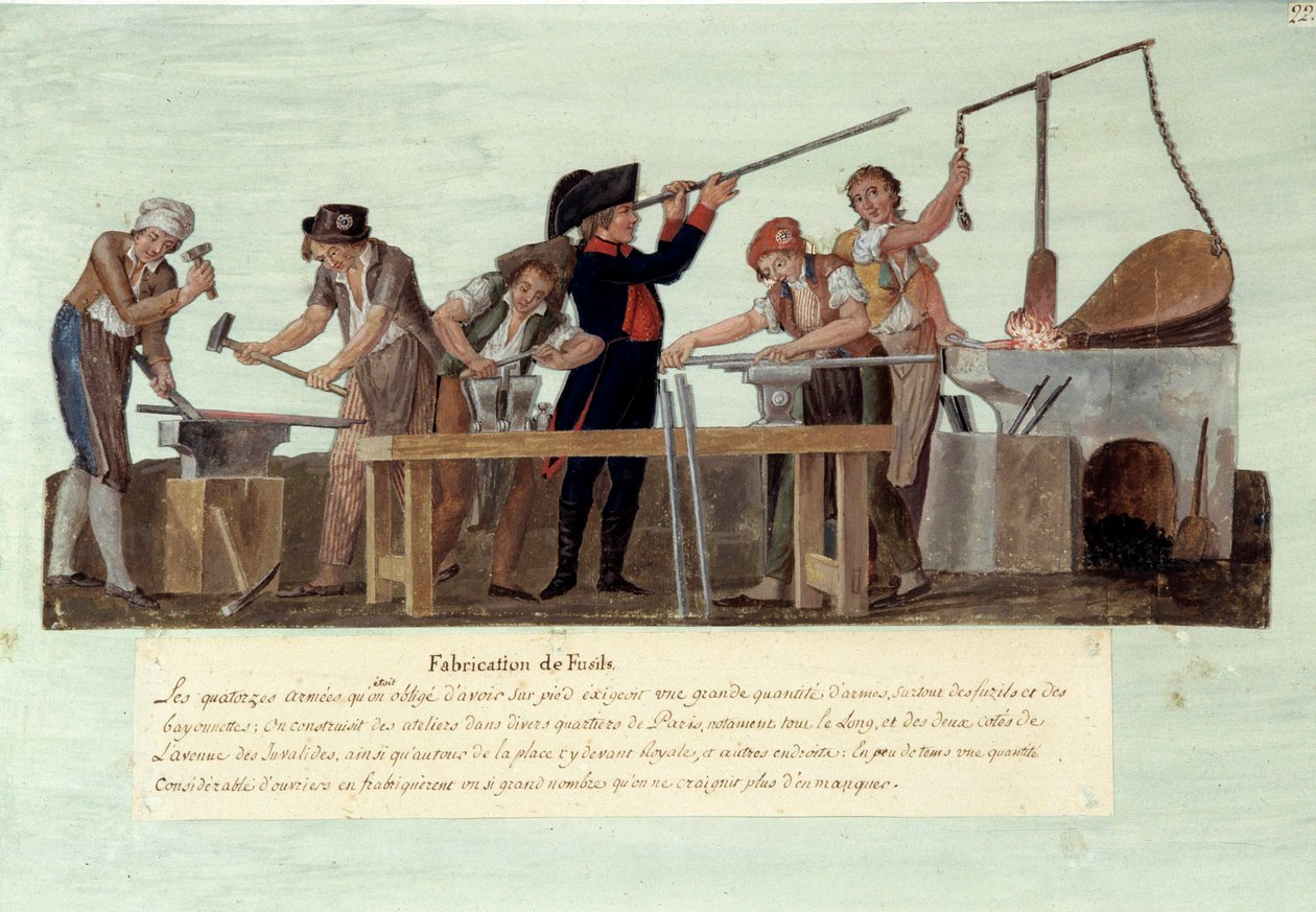 Francouzská revoluce z roku 1789: „“výroba pušek““ Různé fáze výroby zbraní kováři. Gouache des freres Lesueur od Lesueur Brothers