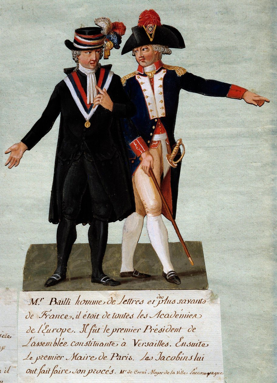 Francouzská revoluce: zastoupení Jeana Sylvaina Baillyho (1736-1793), předsedy Ústavodárného shromáždění ve Versailles a tehdejšího starosty města Paříže, nařídil 17. července 1791 na Champs zastřelit jezdce zaměřené na svržení krále. -de-Mars. On od Lesueur Brothers