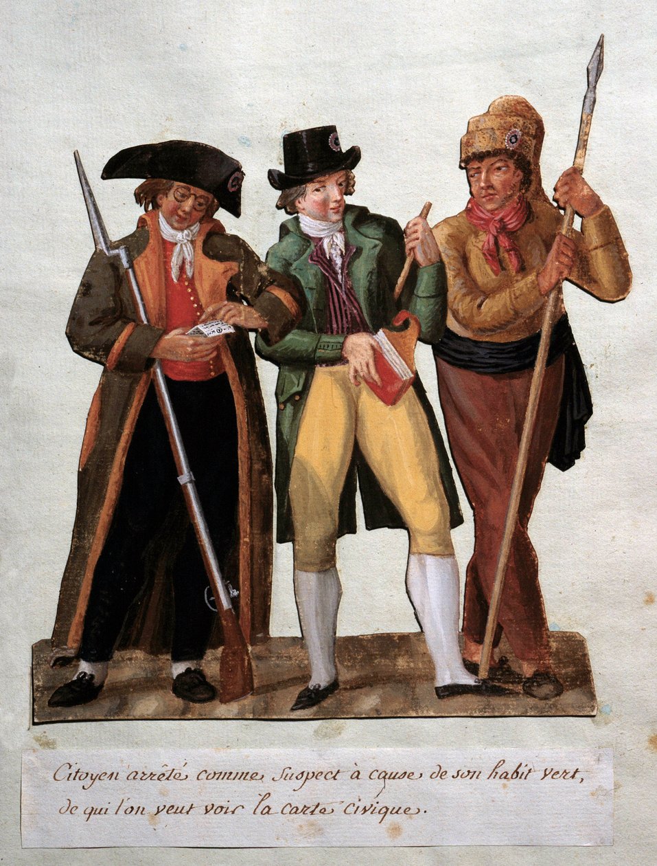 Francouzská revoluce „“ podezřelý občan zatčen kvůli svému zelenému zvyku““ Gouache des freres Lesueur (18. století). Musee Carnavalet, Paříž od Lesueur Brothers