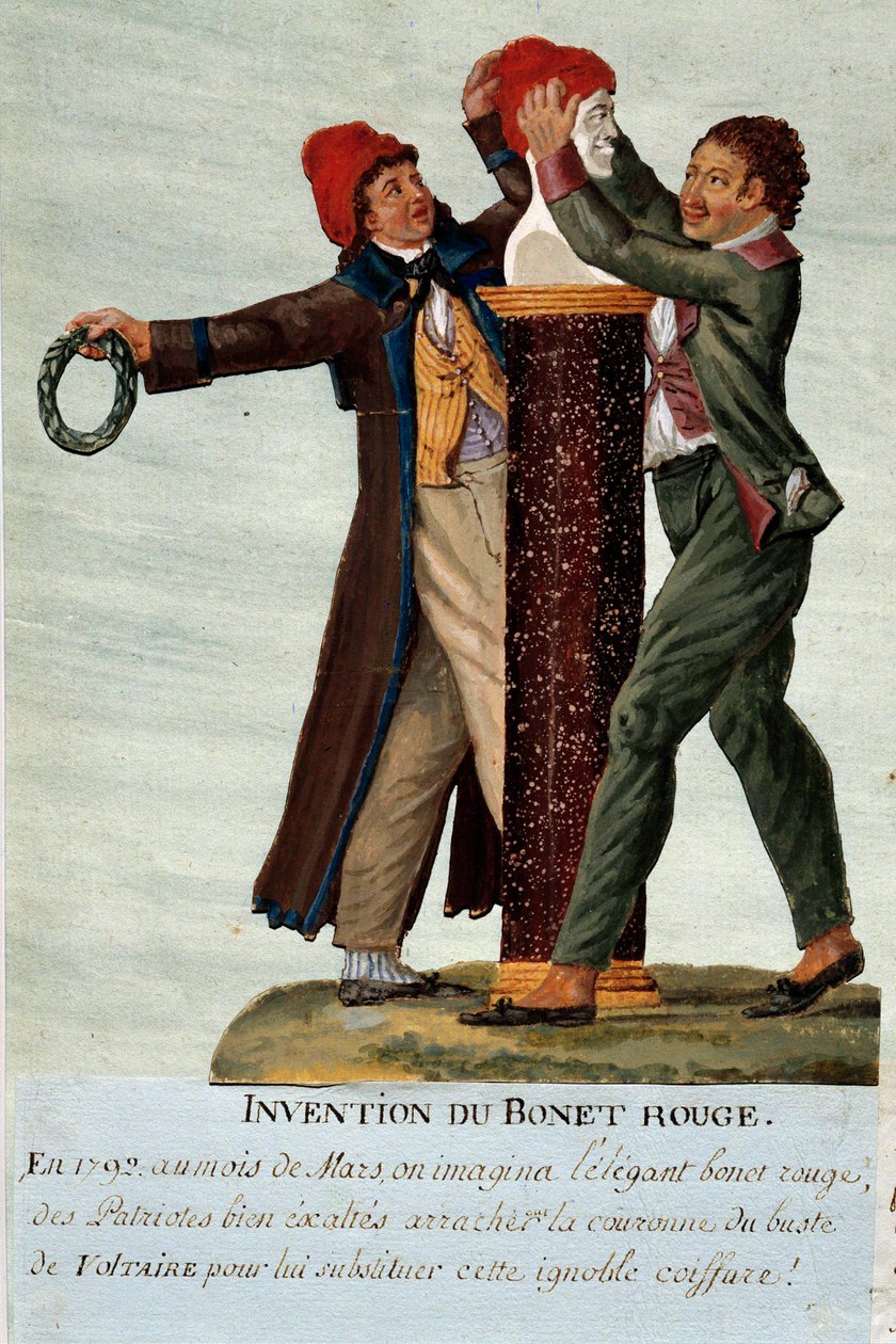 Francouzská revoluce: “”vynález červené čepice””” dva revolucionáři sejmou korunu z Voltairovy busty a nahrazují ji frygickou čepicí. Gouache des freres Lesueur (18. století). Musee Carnavalet, Paříž od Lesueur Brothers