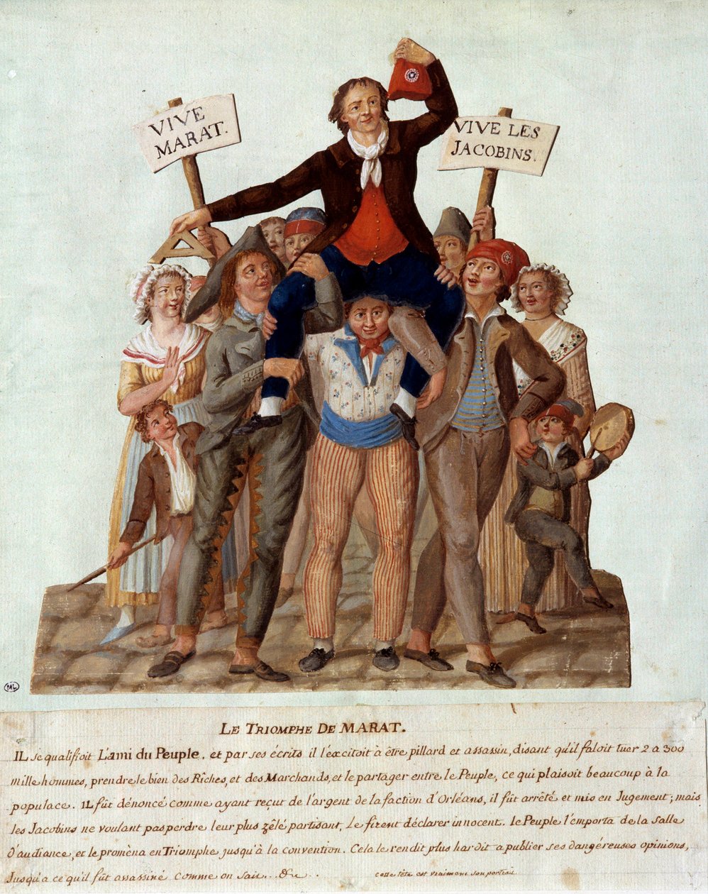 Francouzská revoluce: "" triumf Marat "" Jean-Paul (Jean Paul) Marat (1743-1793), zástupce Paříže na Národním shromáždění, vítězí v lidech za jejich násilnické postoje proti bohatým ve prospěch lidé. Gouache des freres Lesue od Lesueur Brothers
