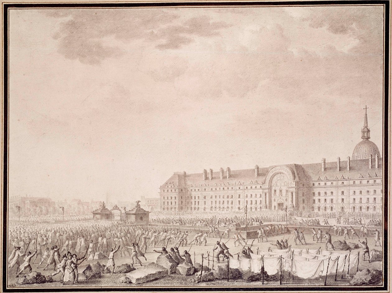 Francouzská revoluce: převzetí zbraní v Invalidovně dne 14.7.1789. Litografie bratří Lesueurů (18. století) od Lesueur Brothers