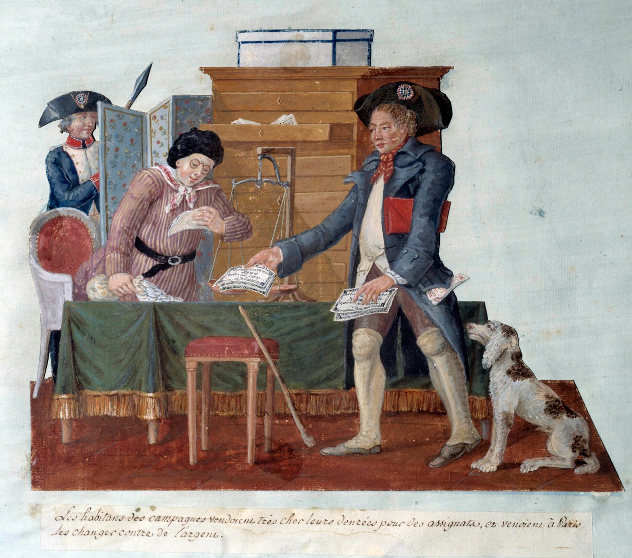 Francouzská revoluce: obyvatelé venkova prodávali své jídlo za přidělence, které pak přišli vyměnit za peníze do Paříže. Gouache des Freres Lesueur (18. století) od Lesueur Brothers