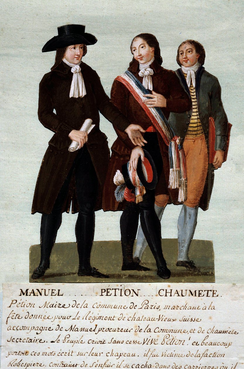 Francouzská revoluce: revolucionáři Jerome Petion (1756-1794), Jacques Antoine (Jacques-Antoine) Manuel (1775-1827) a Pierre-Gaspard (Pierre Gaspard) Chaumette dit Anaxagoras (1763-1794), mluvčí nespoutaných. Kvaš od bratří Lesueurů (18 od Lesueur Brothers
