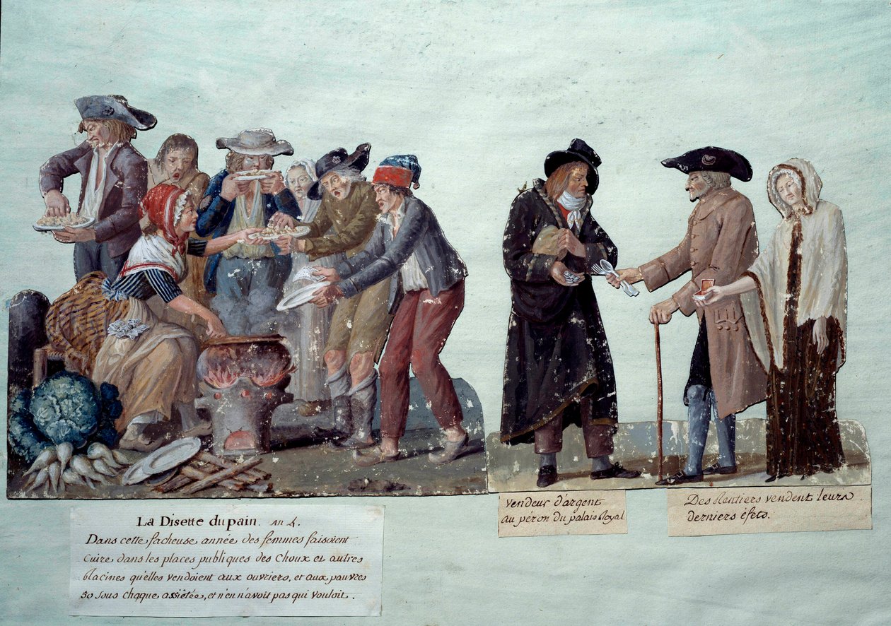 Scény za Francouzské revoluce: „“ nedostatek chleba, prodavač peněz a rentiéři prodávající své efekty““. Kvaš bratří Lesueurů, kolem roku 1789. Musee Carnavalet, Paříž od Lesueur Brothers