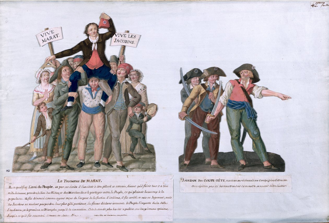 Triumph of Marat a Camille Jordan řekli „Uřízněte jim hlavy“, kolem roku 1792 (kvaš na kartě) od Lesueur Brothers
