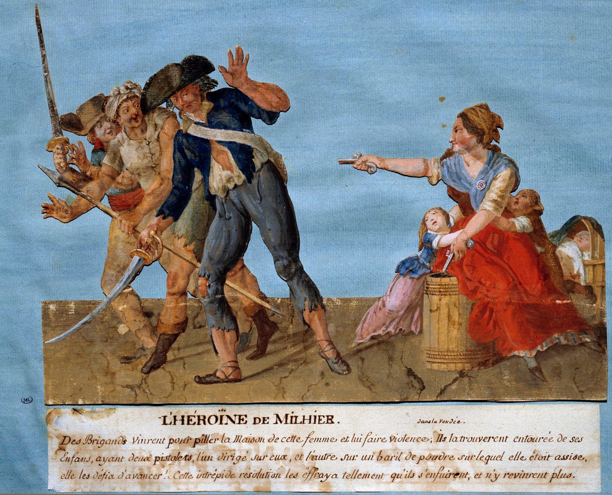 War of Vendee: "" Milhierova hrdinka"". Mladá žena vyhrožuje dvěma lupičům, že vyhodí do vzduchu sud s prachem, pokud se odváží postoupit vpřed. Gouache des freres Lesueur (18. století) Musee Carnavalet, Paříž od Lesueur Brothers