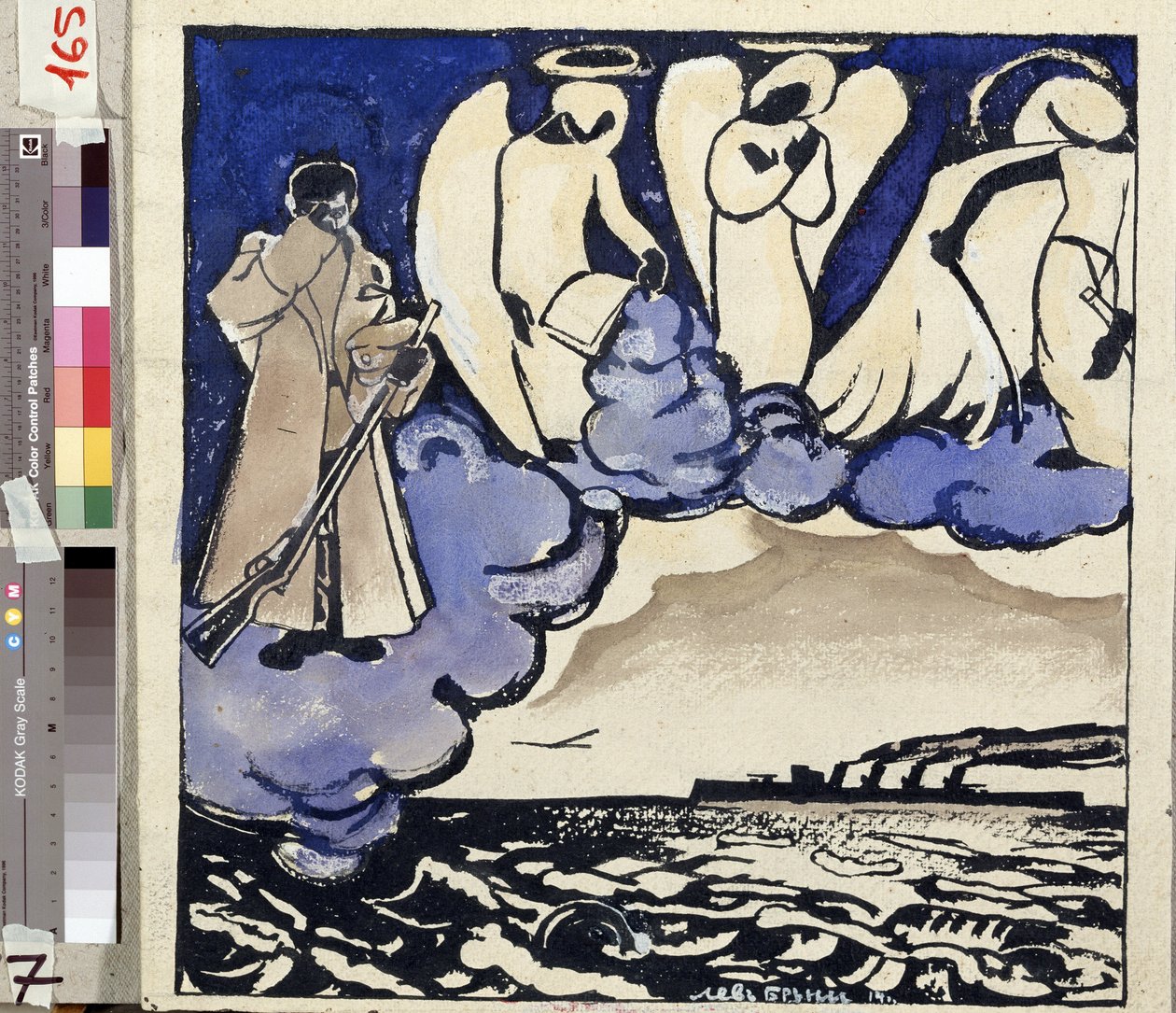 ""Válka. Rusko. 1914"" Alegorie první světové války. Voják a andělé. Pero a kvaš od Lva Bruniho (1894-1948) 1914 Státní muzeum historie, architektury a umění, Rybinsk, Rusko od Lev Aleksandrovitc Bruni