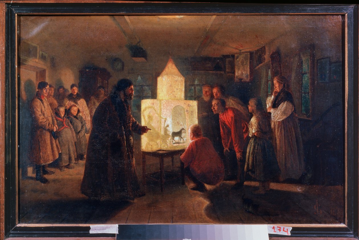 Kouzelná lucerna v selském domě - obraz Lva Grigorieviče Solovjeva (1837-1919), olej na plátně od Lev Grigoryevich Solovyev