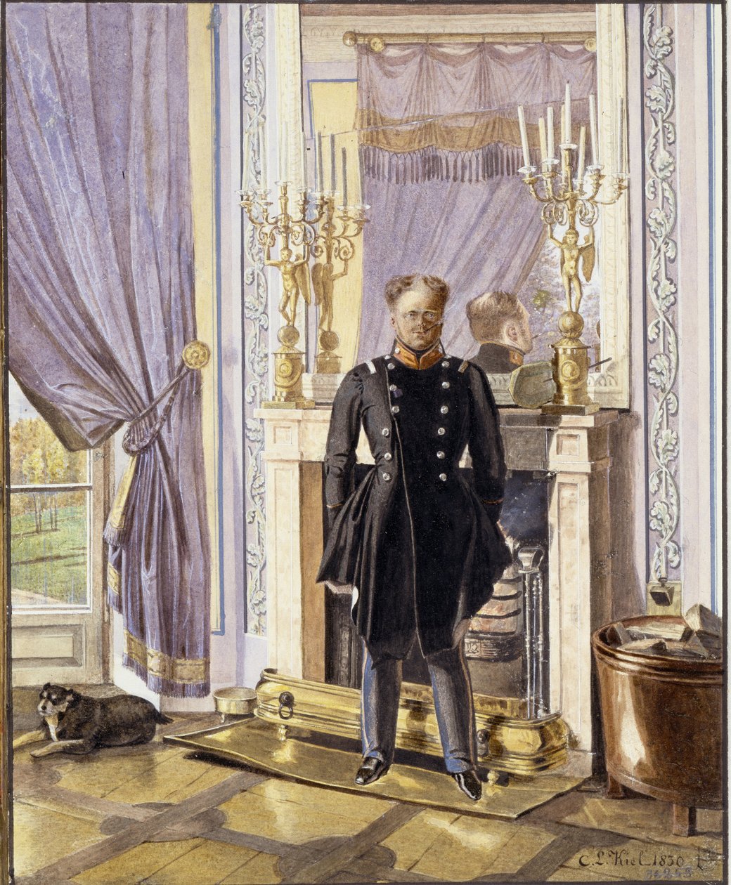 Portrét velkovévody Constantin Pavlovič z Ruska (1779-1831), v přední části krbu. (Portrét velkovévody Konstantina Pavloviče z Ruska u krbu). Dílo Lva Ivanoviče Kiela (?-1851), akvarel na papíře od Lev Ivanovich Kiel