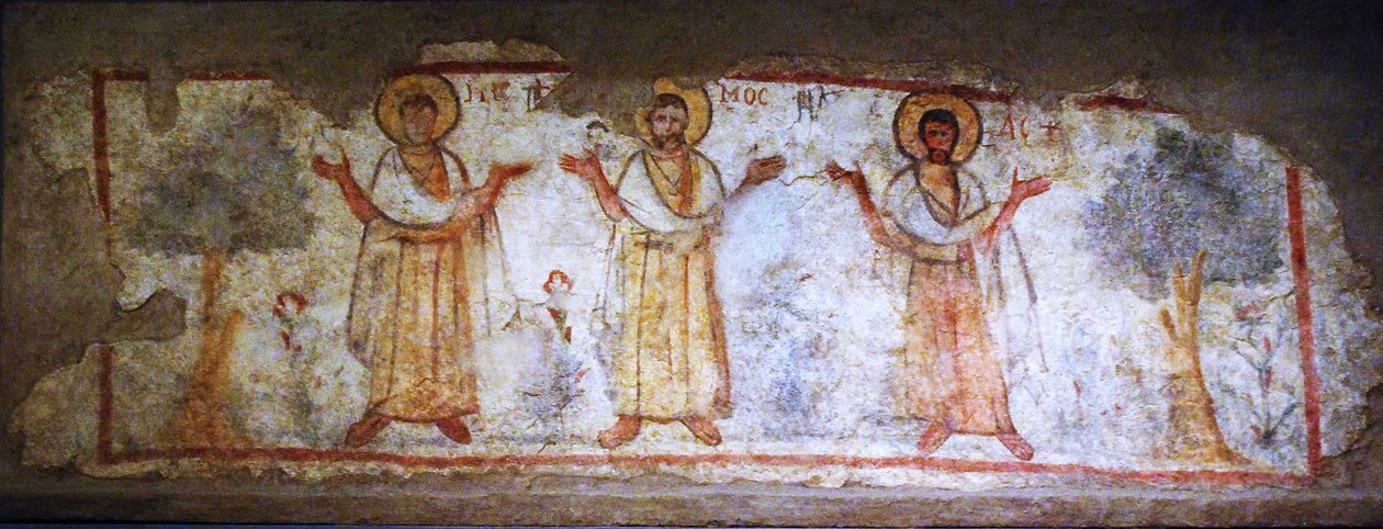 Nástěnná malba zobrazující světce při bohoslužbě, Caesarea, Izrael, 6.–7. století (malba na suché omítce) od Levantine School Levantine School